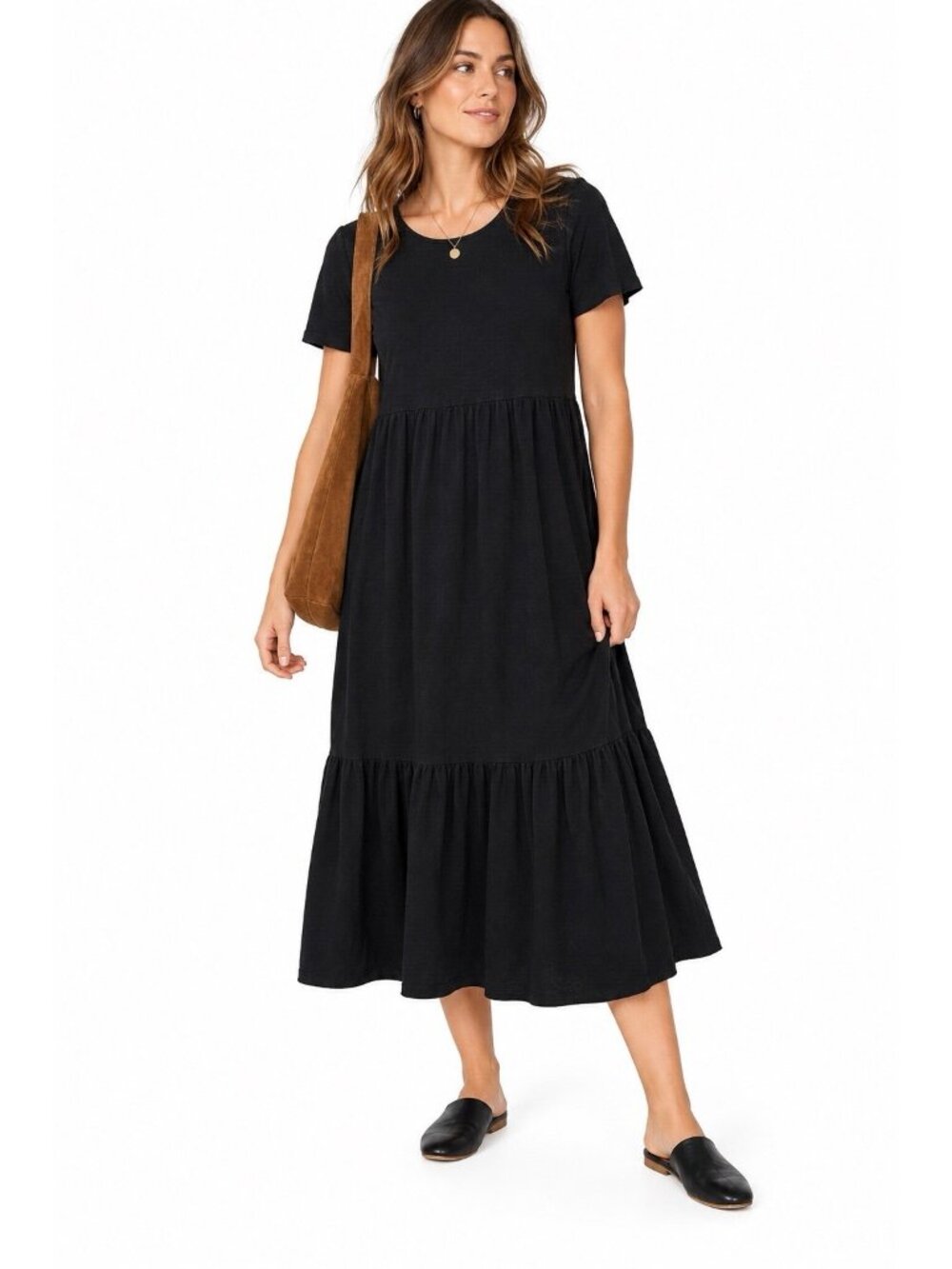 BODEN black midi dress 14R short sleeve tiered bohemian casual preppy chic